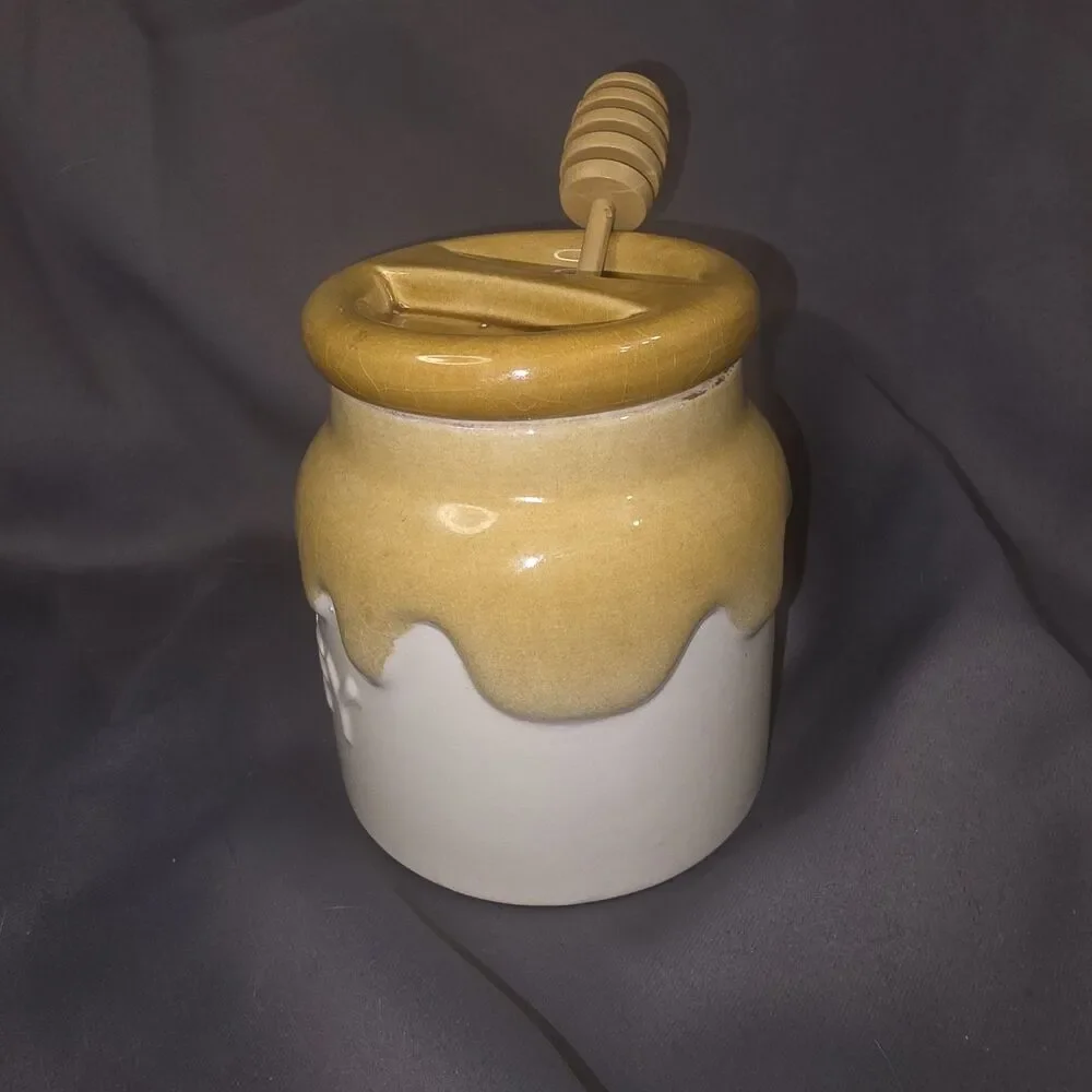 Vintage 1982 Teleflora Ceramic Honey Pot Jar Lid Wooden Dipper Portugal